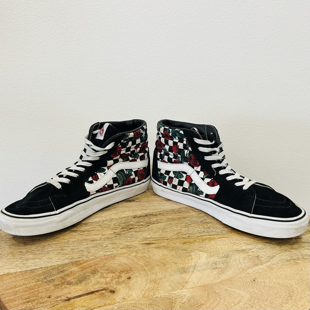 VANS Customs Roses CHECKERBOARD SK8 HI Men's 10 Skate Shoes Sneakers Retail $110